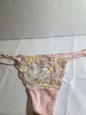 Victoria's Secret Pink Floral Embroidered Thong with Yellow Accents